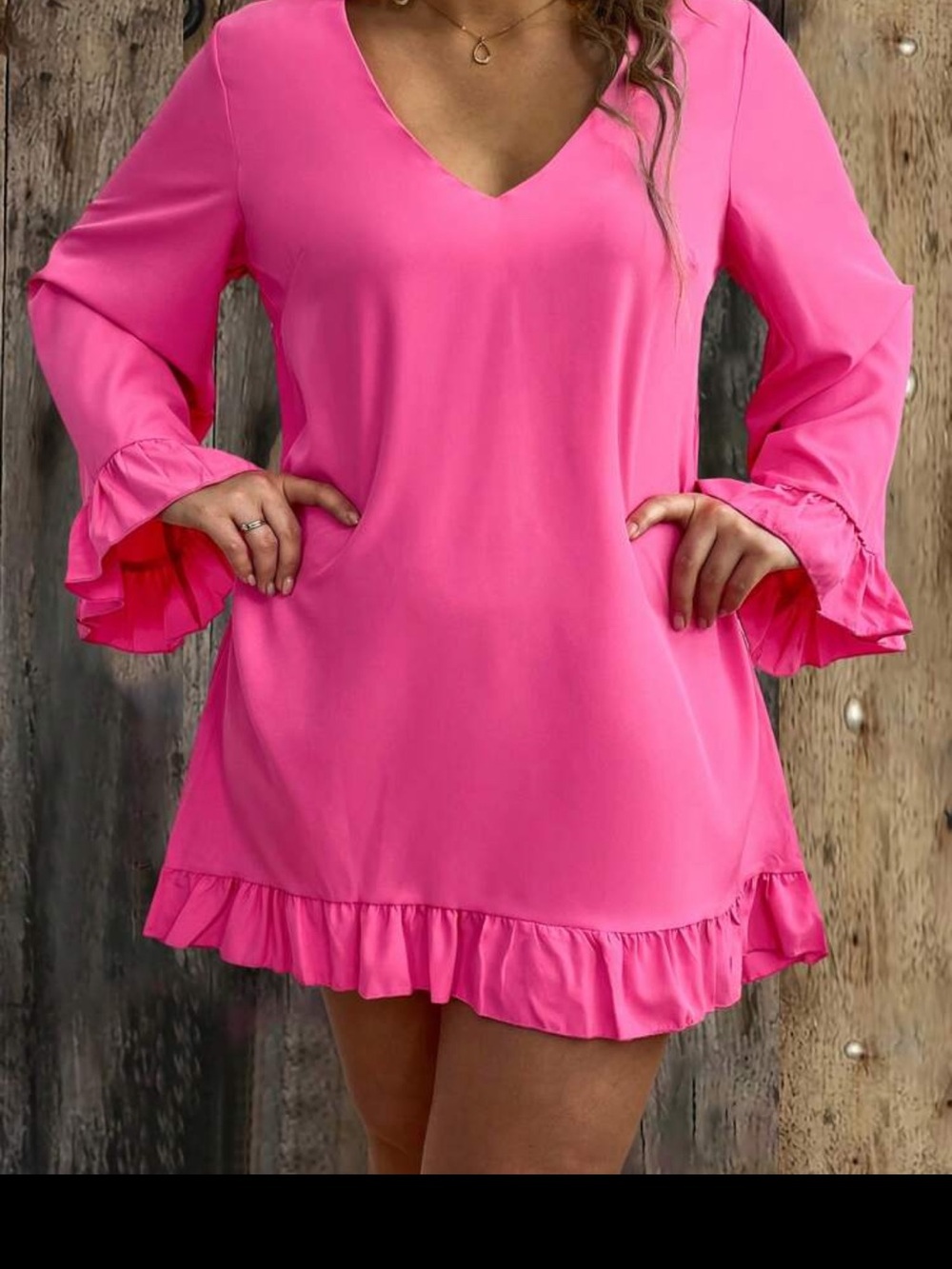 SHEIN Holidaya Plus Size Women's Pink V-Neck Ruffle Trim Flare Sleeve Dress 3XL